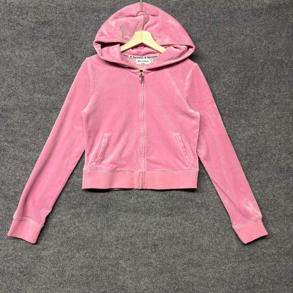 Juicy Couture Velour Hoodie Womens M Pink Full Zip Rhinestone Juicy Y2K Logo - Picture 2 of 16